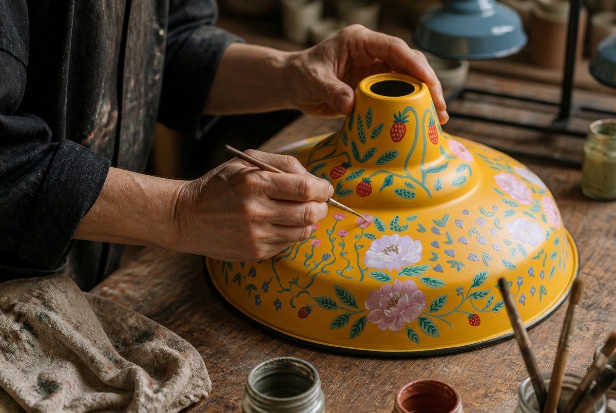 An artist painting floral details onto a curved metal lampshade