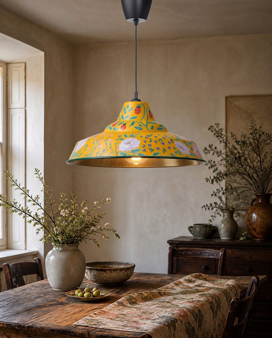 Hand-painted statement lighting as part of a warm interior