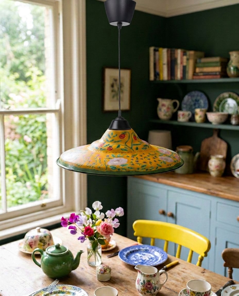 A yellow floral hand-painted pendant lamp hanging in a colourful kitchen-dining room
