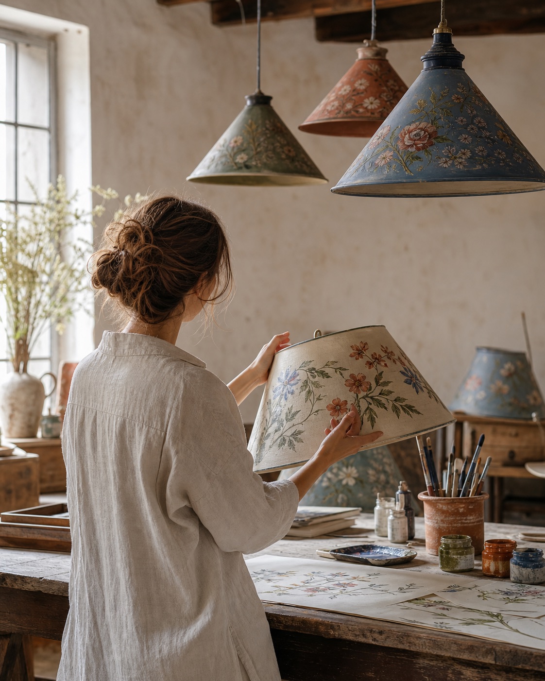 An artist at work among hand-painted lamps in a light-filled atelier